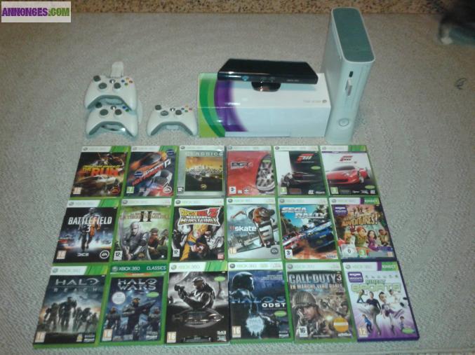 Xbox 360+kinect+manettes avec station de recharge+jeux