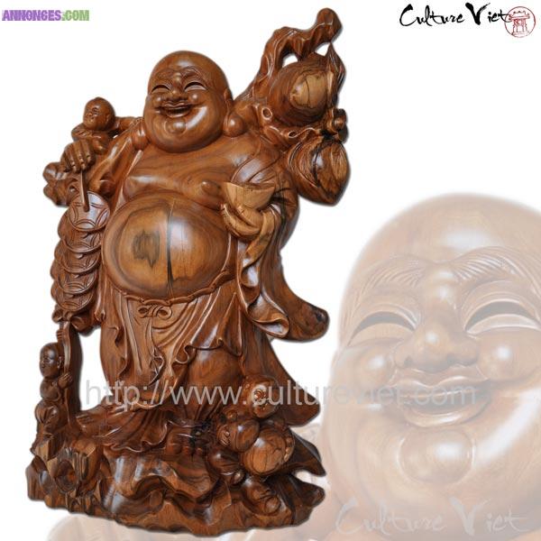 Sculpture Bouddha Rieur en bois exotique