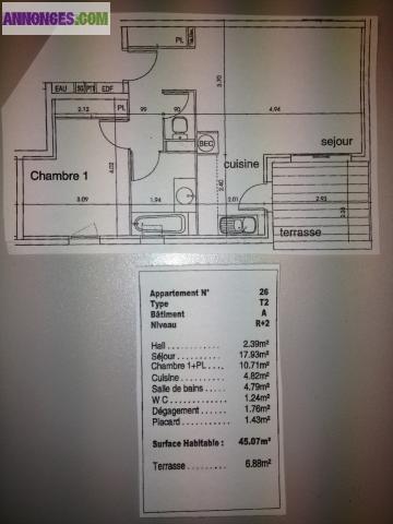 T2 - 45m²  terrasse + garage