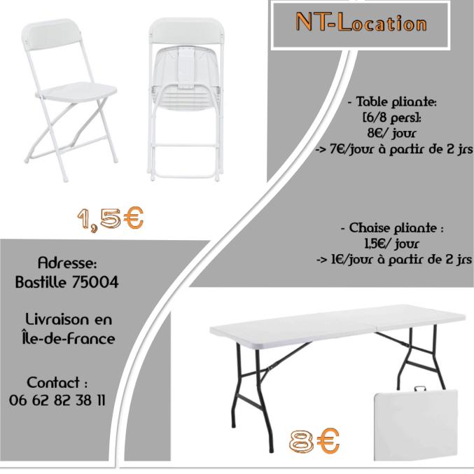 Location chaise pliante et table pliante