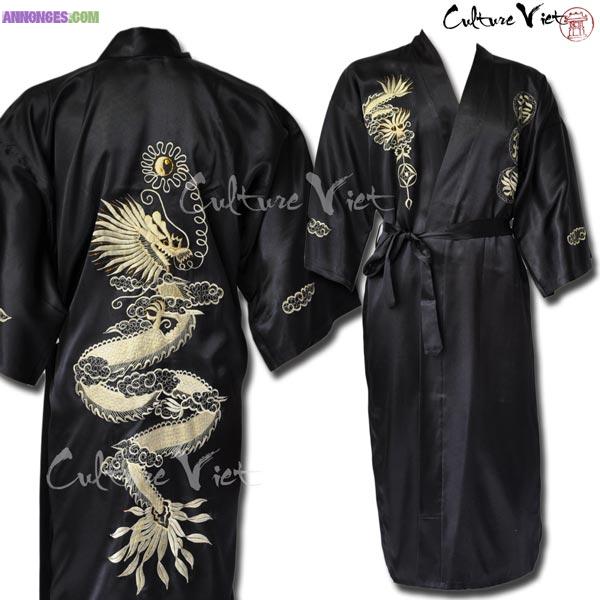 Kimono japonais en satin de soie noir