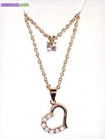 Collier double chaine Coeur Plaqué Or LIVRAISON GRATUITE